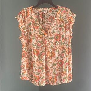 Nicole Miller  vintage Floral V-Neck Flutter Sleeve Blouse - Cream, Orange, Pink